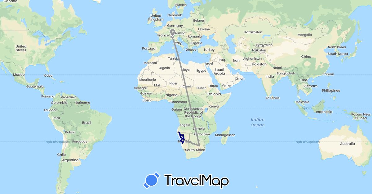 TravelMap itinerary: driving, plane in Italy, Namibia, South Africa (Africa, Europe)